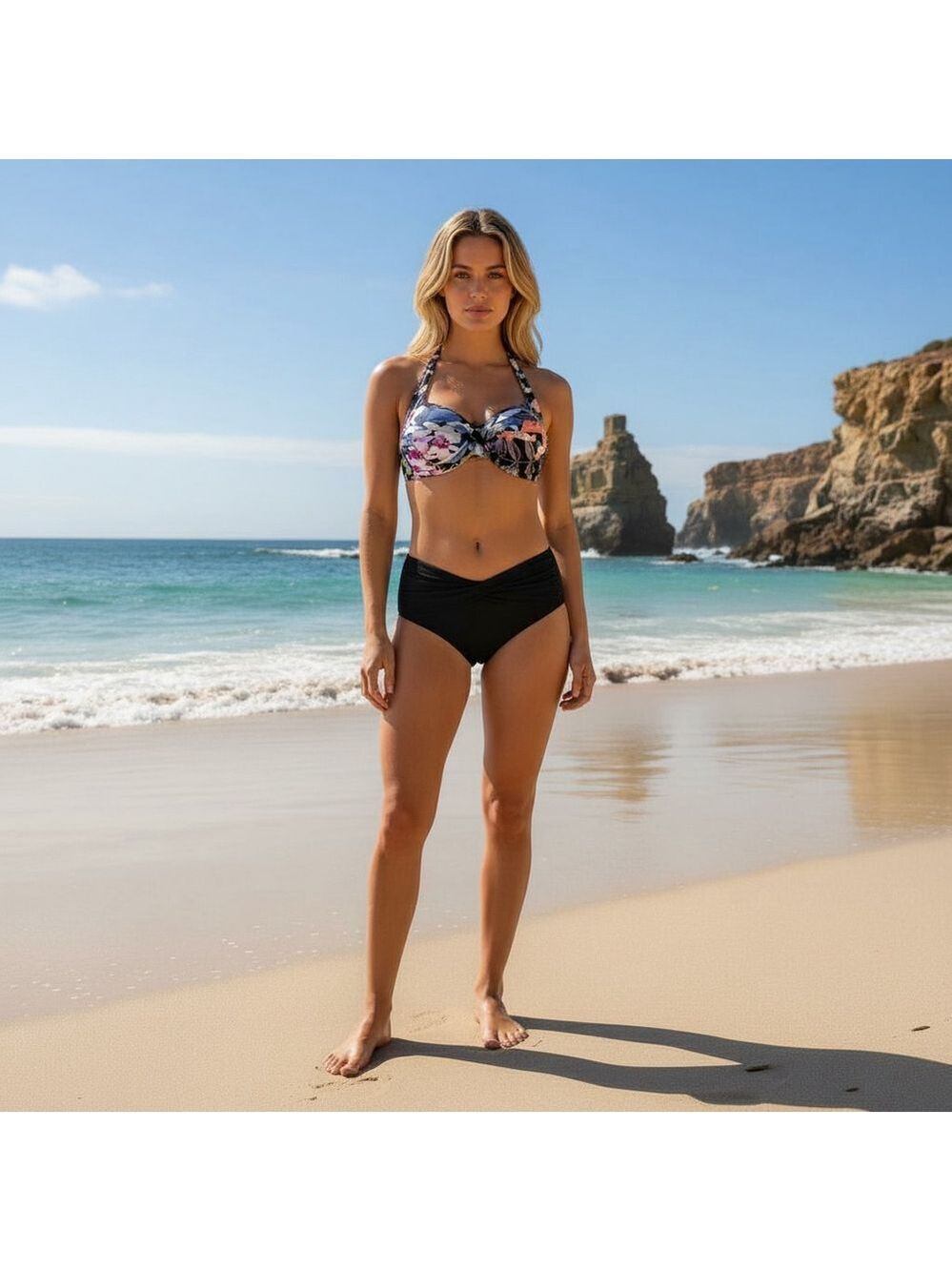 Seafolly Summer Vacay Black Floral Halter & Goddess Hipster Bikini Set Size US 6